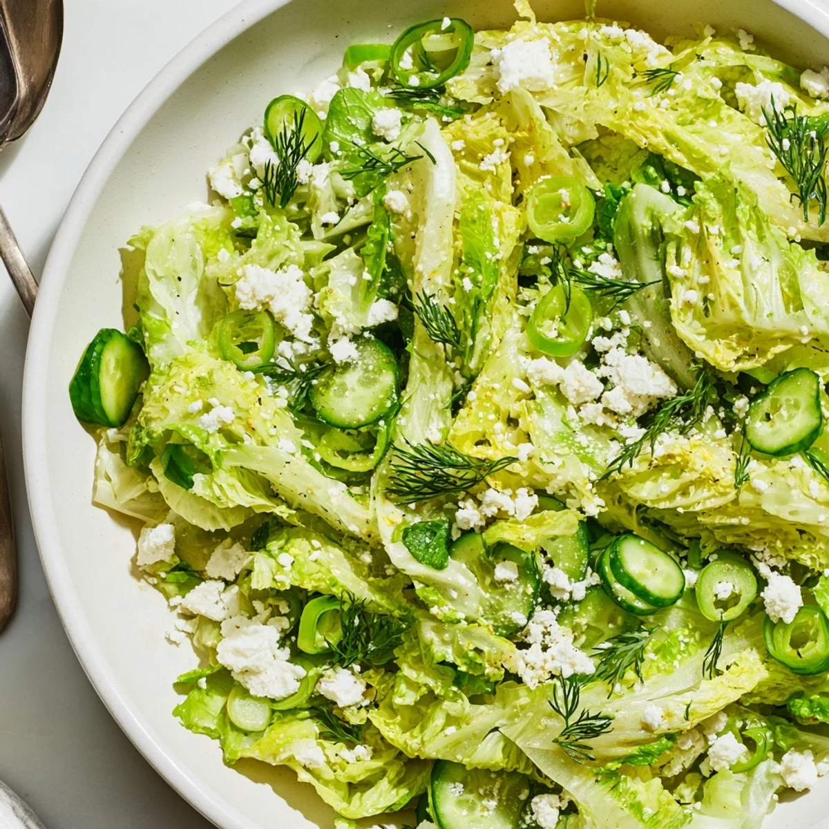 Fresh Maroulosalata Greek salad with crisp romaine lettuce, dill, and bright lemon dressing in a white bowl