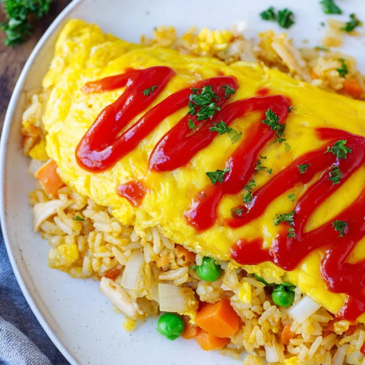 Golden Omurice featuring fluffy egg wrapped around savory ketchup fried rice with chicken and vegetables