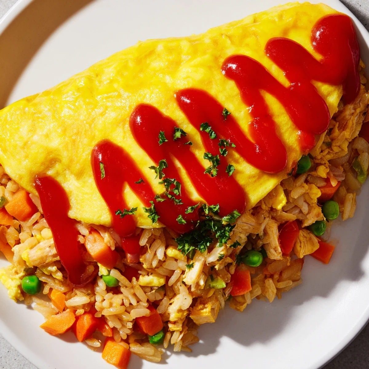 Soft Japanese omelet blankets seasoned fried rice topped with drizzled ketchup and fresh parsley garnish