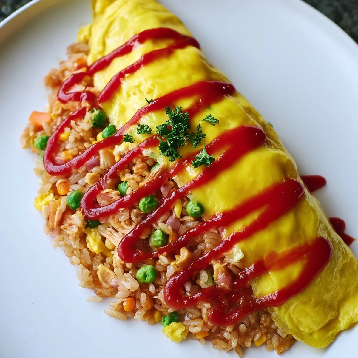 Silky egg omelet encloses colorful vegetable and chicken fried rice in this comforting Yoshoku dish