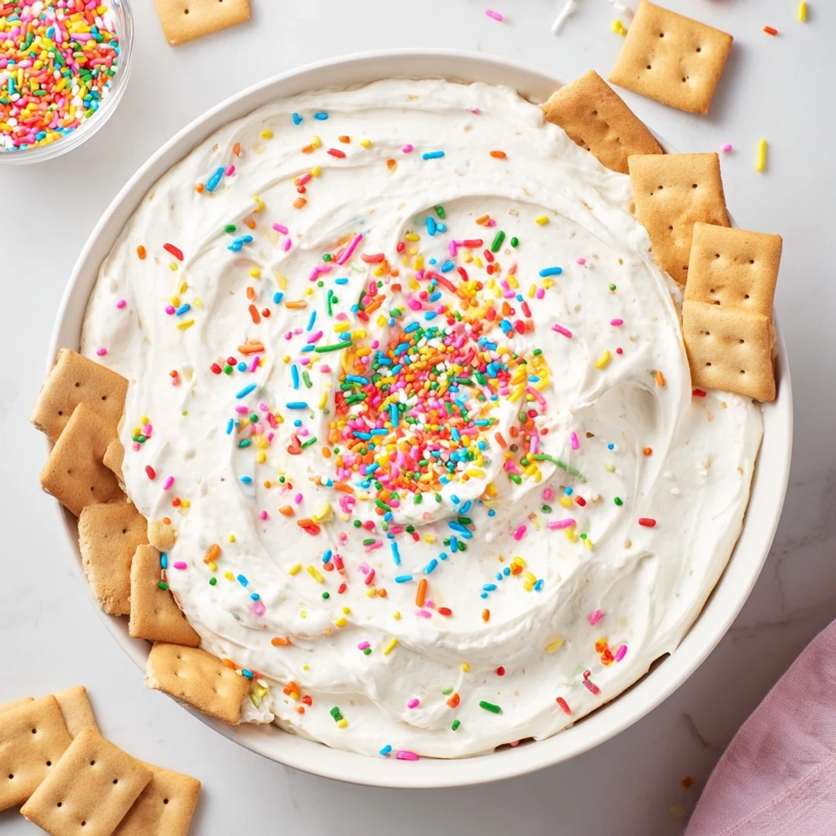 Creamy high protein Dunkaroo dip topped with colorful rainbow sprinkles in a white serving bowl