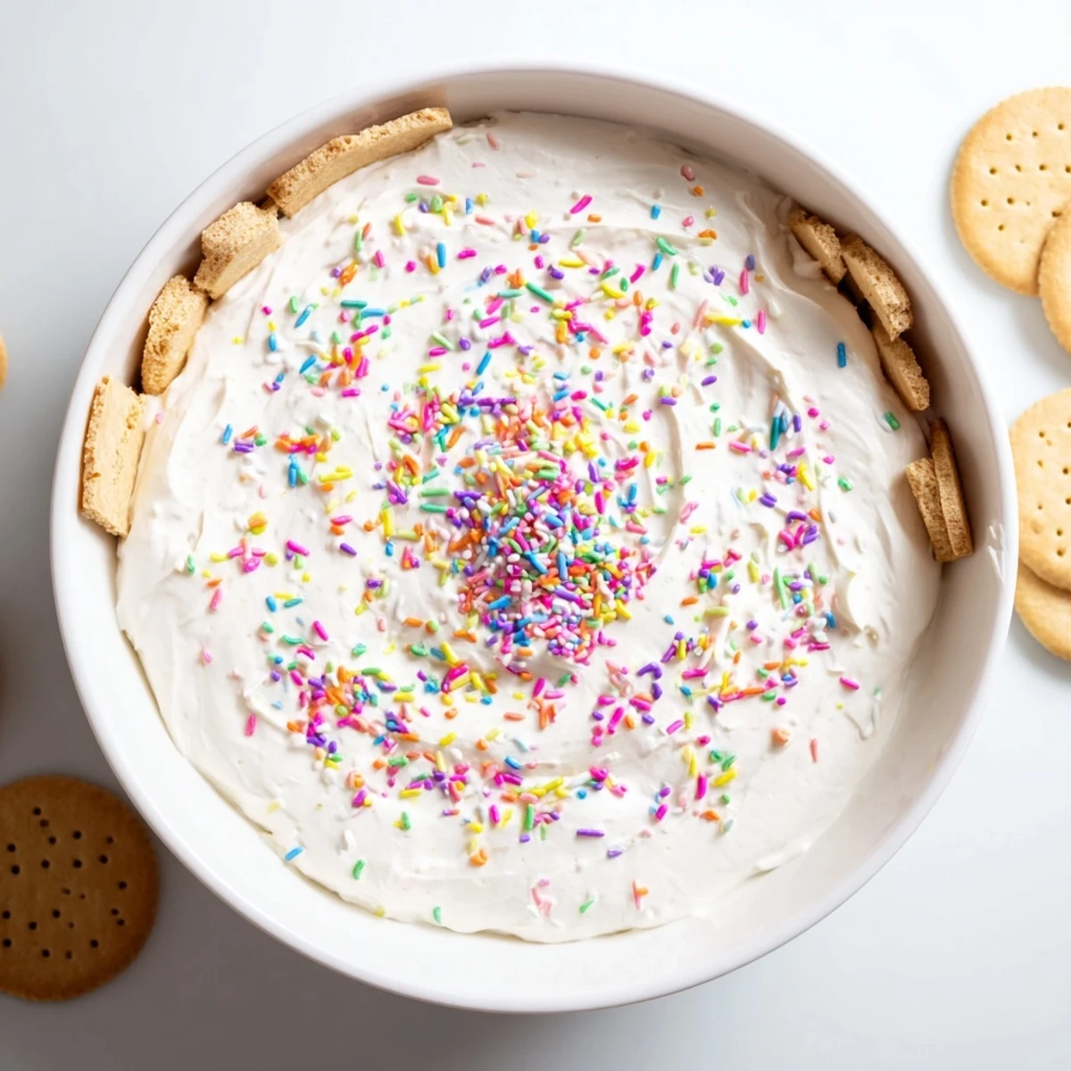 Thick vanilla Greek yogurt protein dip with whipped cream cheese and festive rainbow sprinkles garnish