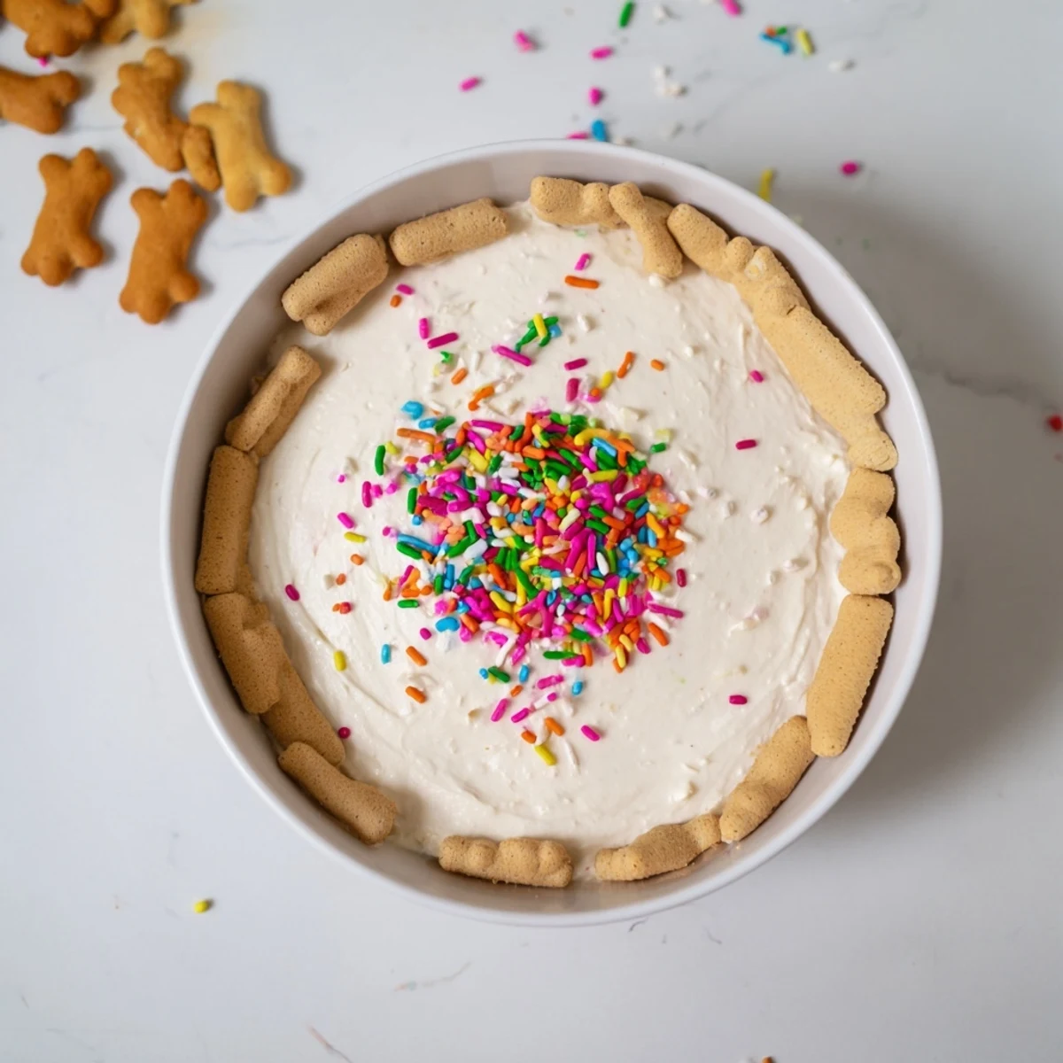 Light and fluffy high protein Dunkaroo dip with sweet vanilla flavor and bright confetti sprinkles