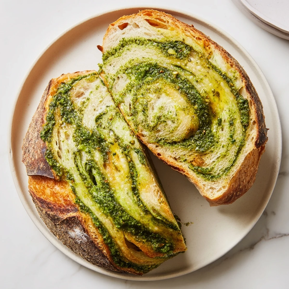 Golden-crusted pesto Parmesan sourdough bread loaf with vibrant green basil swirls and melted cheese topping