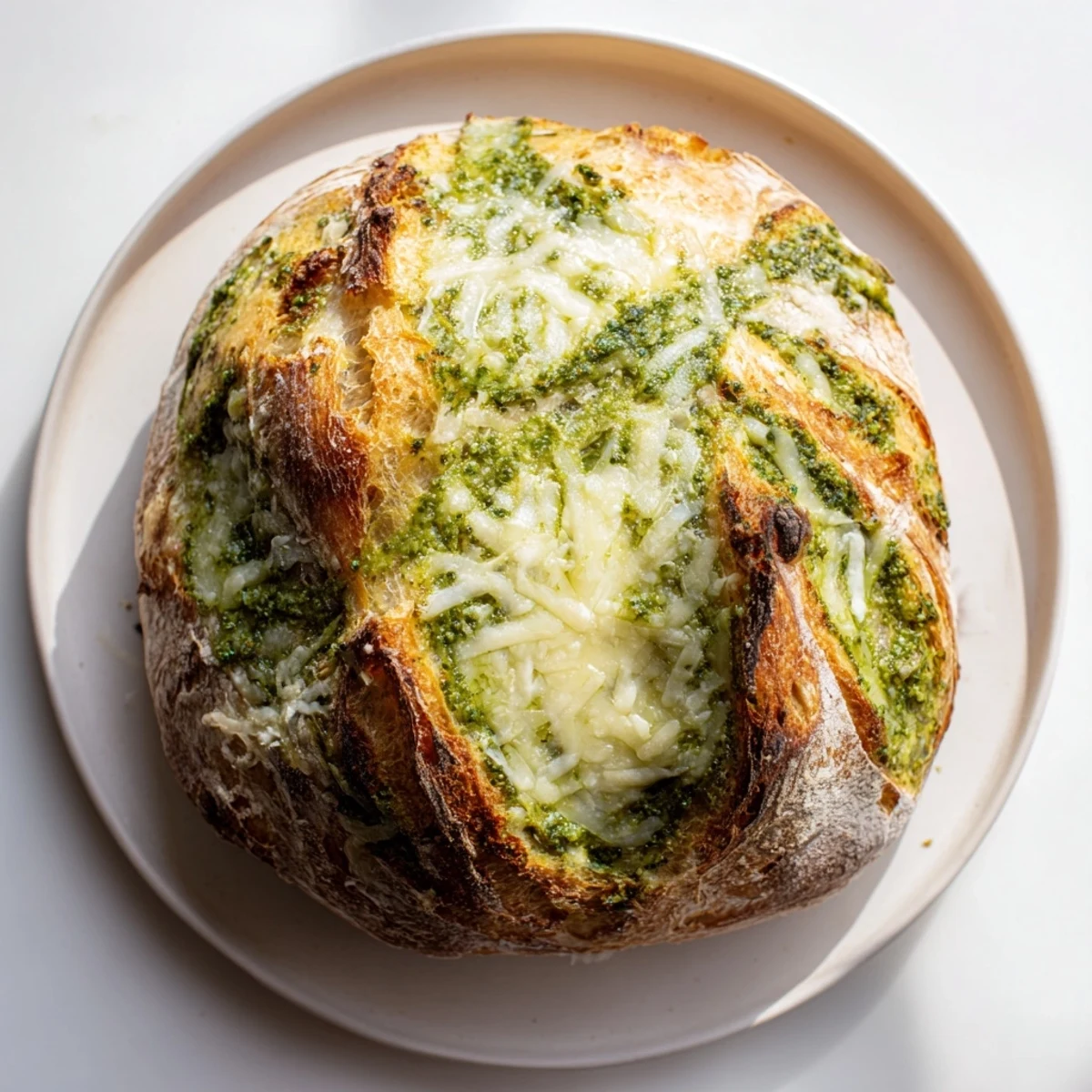 Sliced rustic sourdough revealing bright basil pesto spiral layers and grated Parmesan throughout