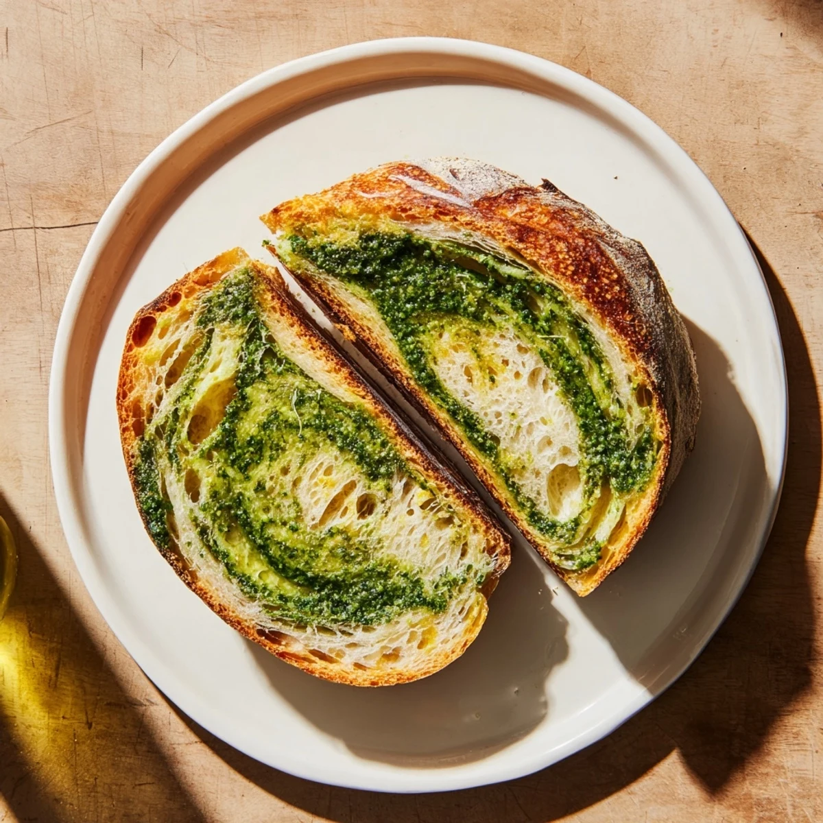 Freshly baked pesto Parmesan sourdough cooling on wire rack with crispy golden crust and aromatic herbs