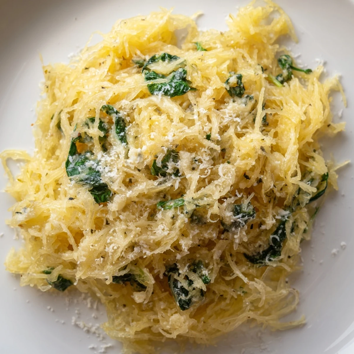 Golden baked spaghetti squash strands tossed with melted Boursin cheese and wilted spinach in a white bowl