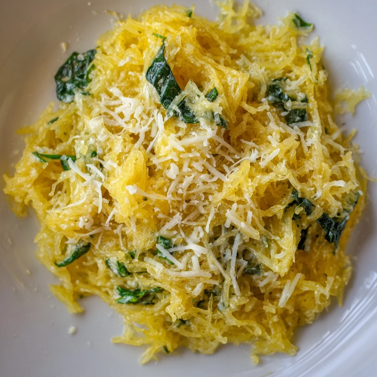 Creamy Boursin spaghetti squash with fresh parmesan sprinkled on top, served in a ceramic serving dish