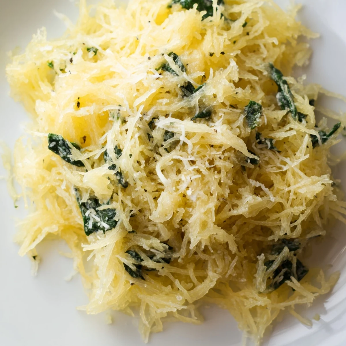 Fork-twirled spaghetti squash mixed with herbaceous Boursin cheese and tender green spinach for a low-carb dinner