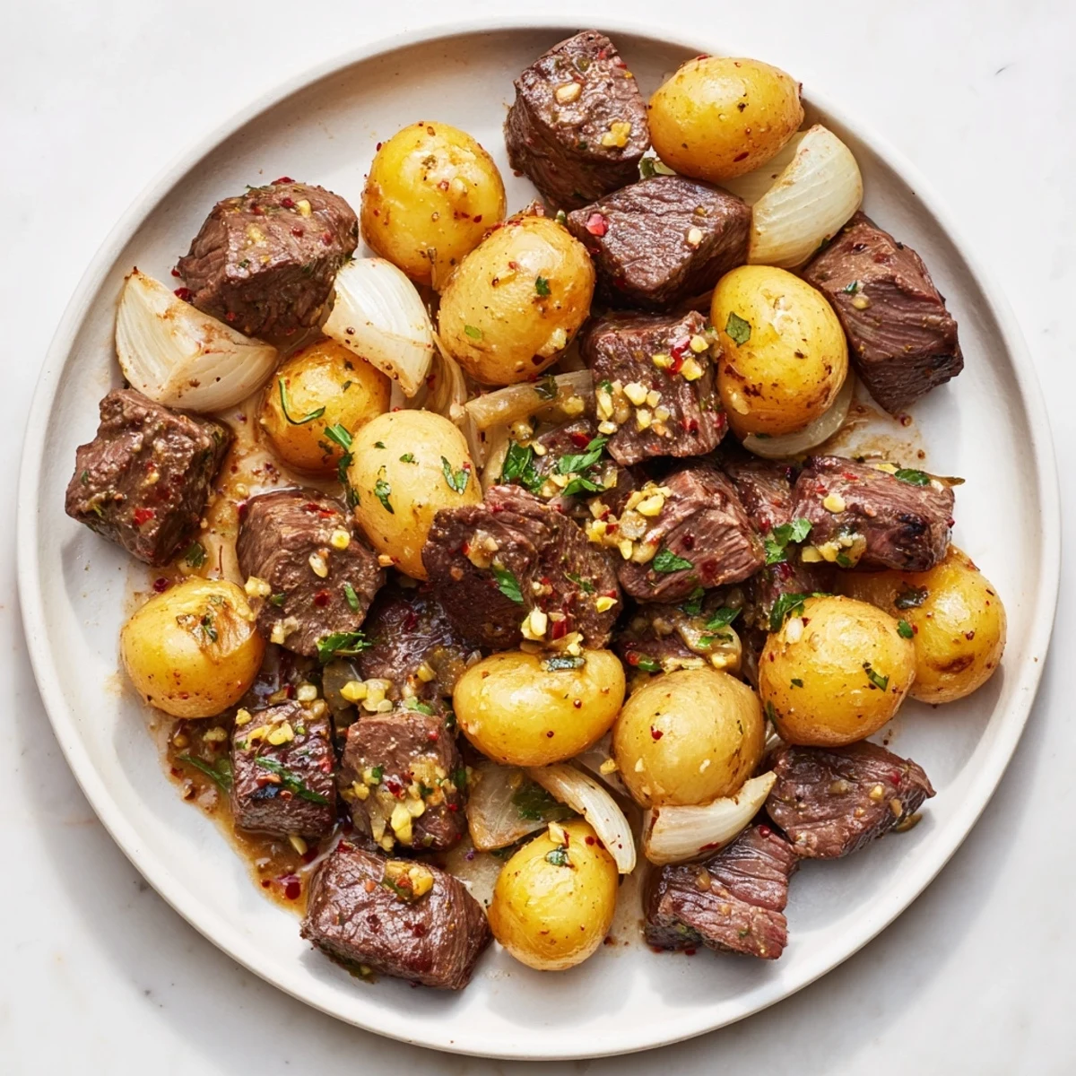 Savory garlic butter steak bites and baby potatoes slow cooked to melt-in-your-mouth perfection