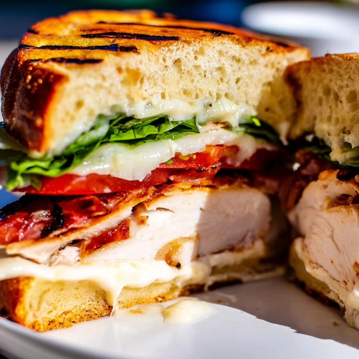 Golden grilled garlic chicken sandwich layered with crisp lettuce, tomatoes, and creamy garlic mayo on a toasted bun