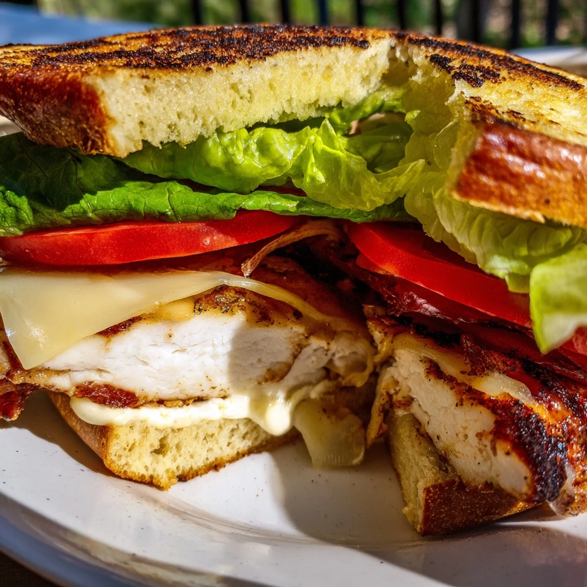 Juicy garlic chicken breast sandwich served on warm ciabatta with fresh lettuce, ripe tomato slices, and melted provolone cheese