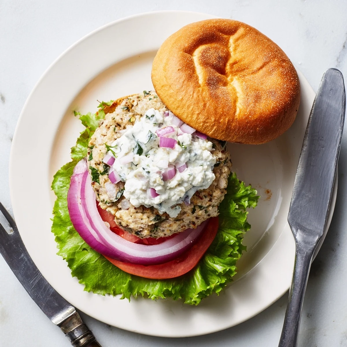 Golden grilled Greek chicken burgers topped with creamy homemade tzatziki sauce and fresh vegetables