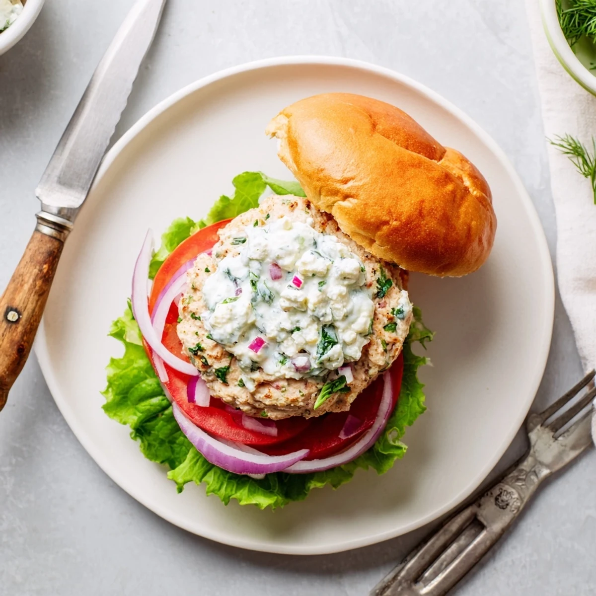 Juicy Mediterranean chicken patties seasoned with herbs and feta, served on toasted buns with tangy tzatziki