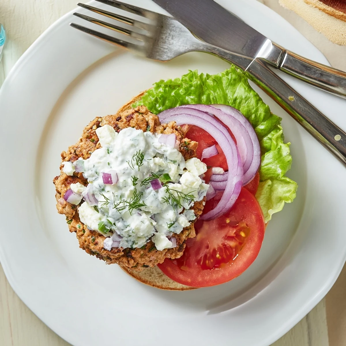 Succulent ground chicken burgers with crisp lettuce, tomato, and cool cucumber yogurt sauce in a soft bun