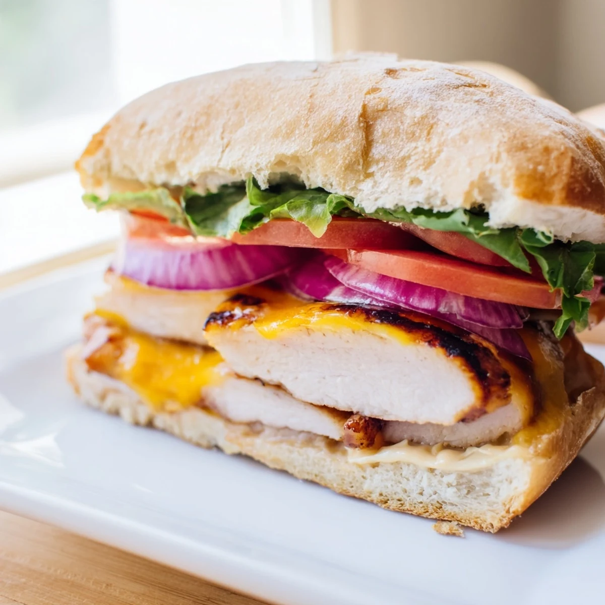 Juicy spiced grilled chicken sandwich on toasted bun layered with melted cheese and fresh vegetables