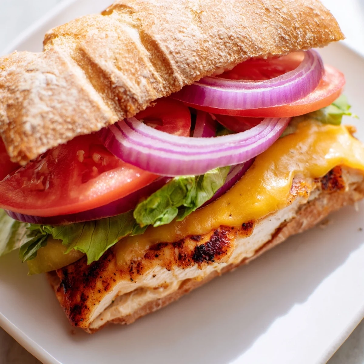 Savory grilled chicken sandwich featuring char marks crisp red onion and tangy Dijon mayonnaise sauce