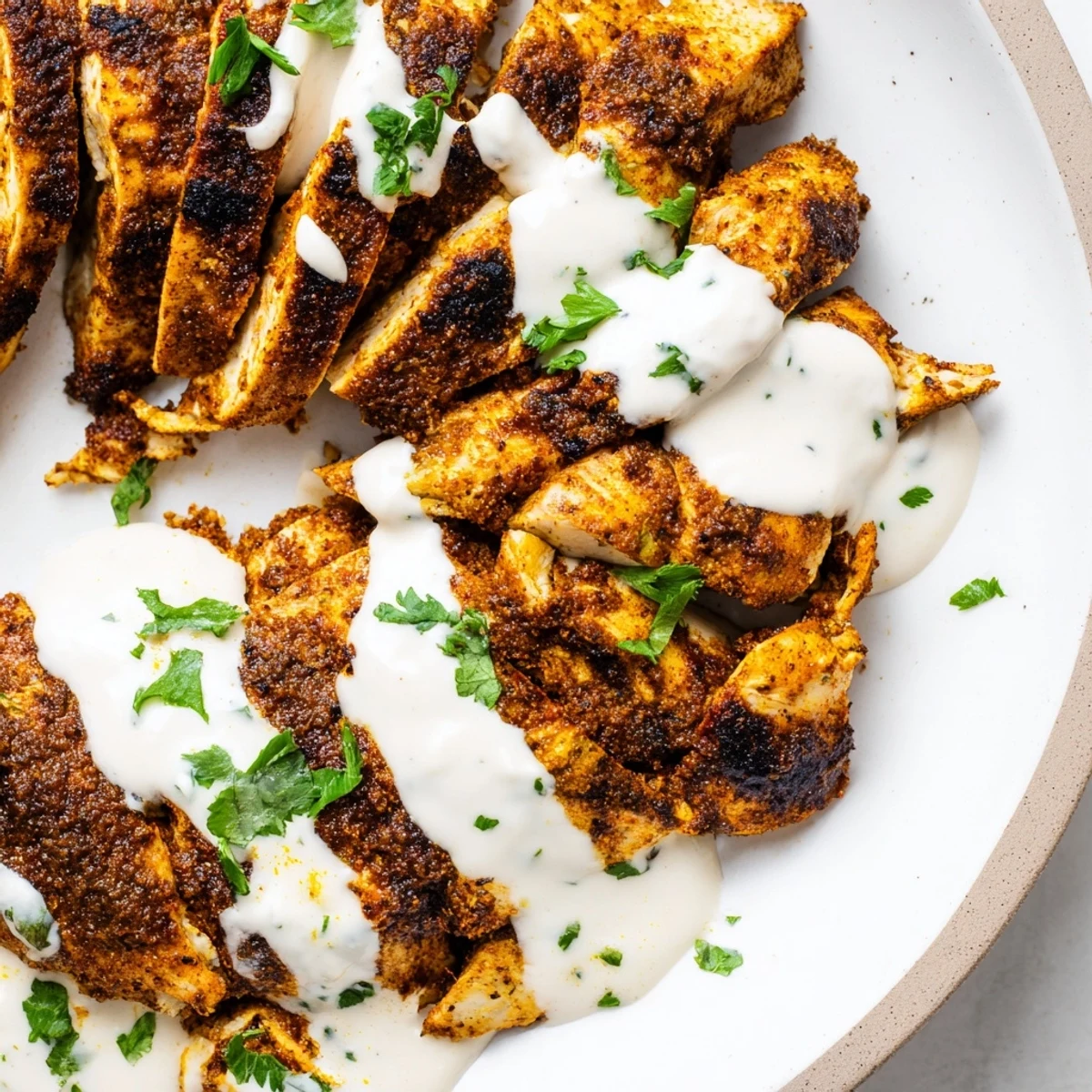 Golden sliced chicken shawarma drizzled with creamy garlic sauce and fresh vegetables