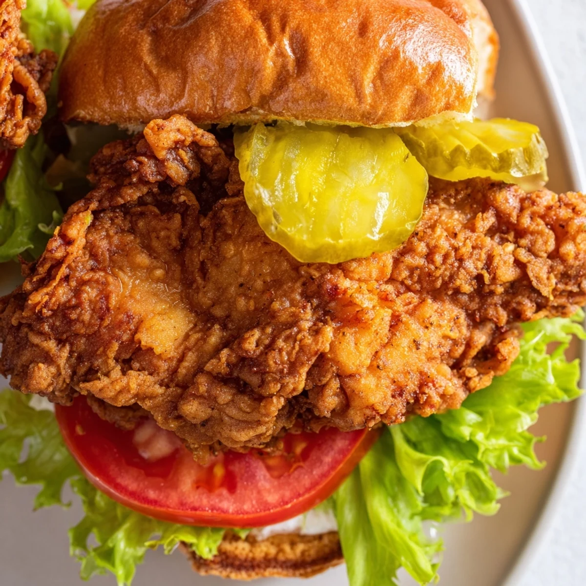 Golden ultra crunchy fried chicken burger stacked with fresh lettuce tomato and pickles on toasted brioche bun