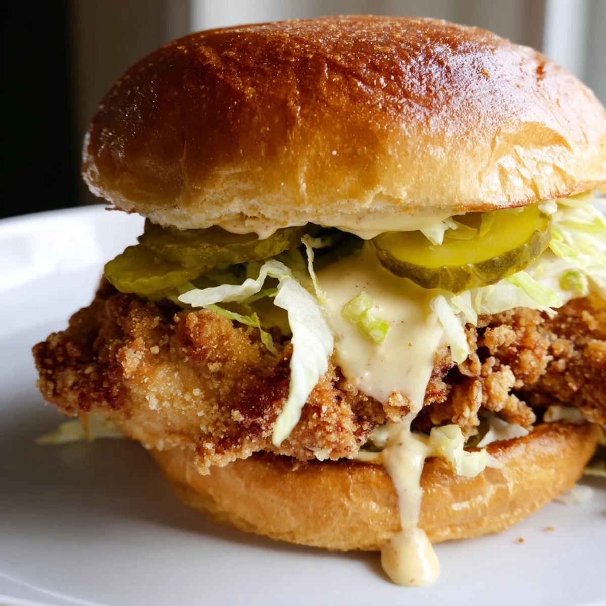 Golden brown crispy chicken burger stacked with fresh lettuce on toasted brioche bun