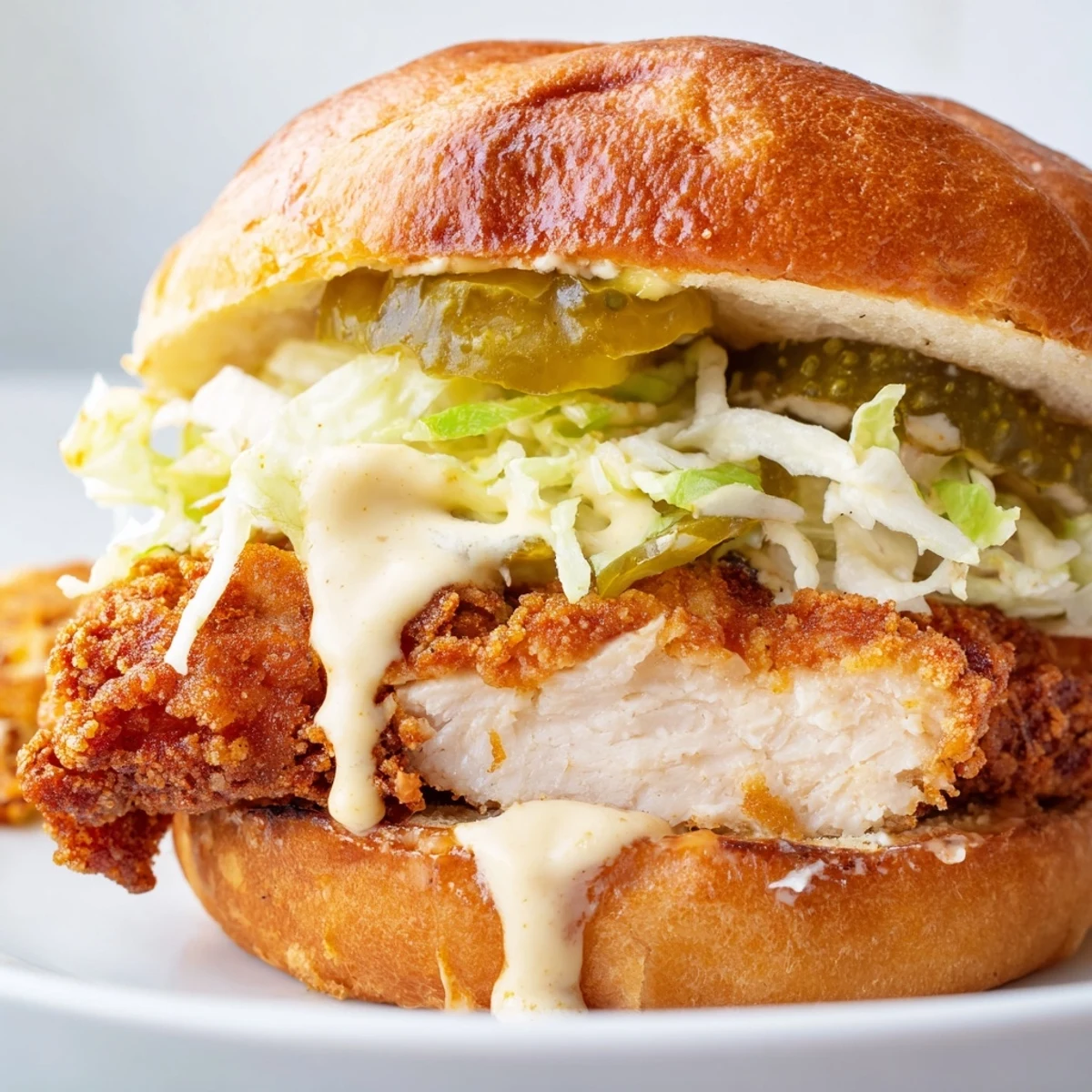Juicy fried chicken breast sandwich with tangy pickles and creamy sauce on sesame bun