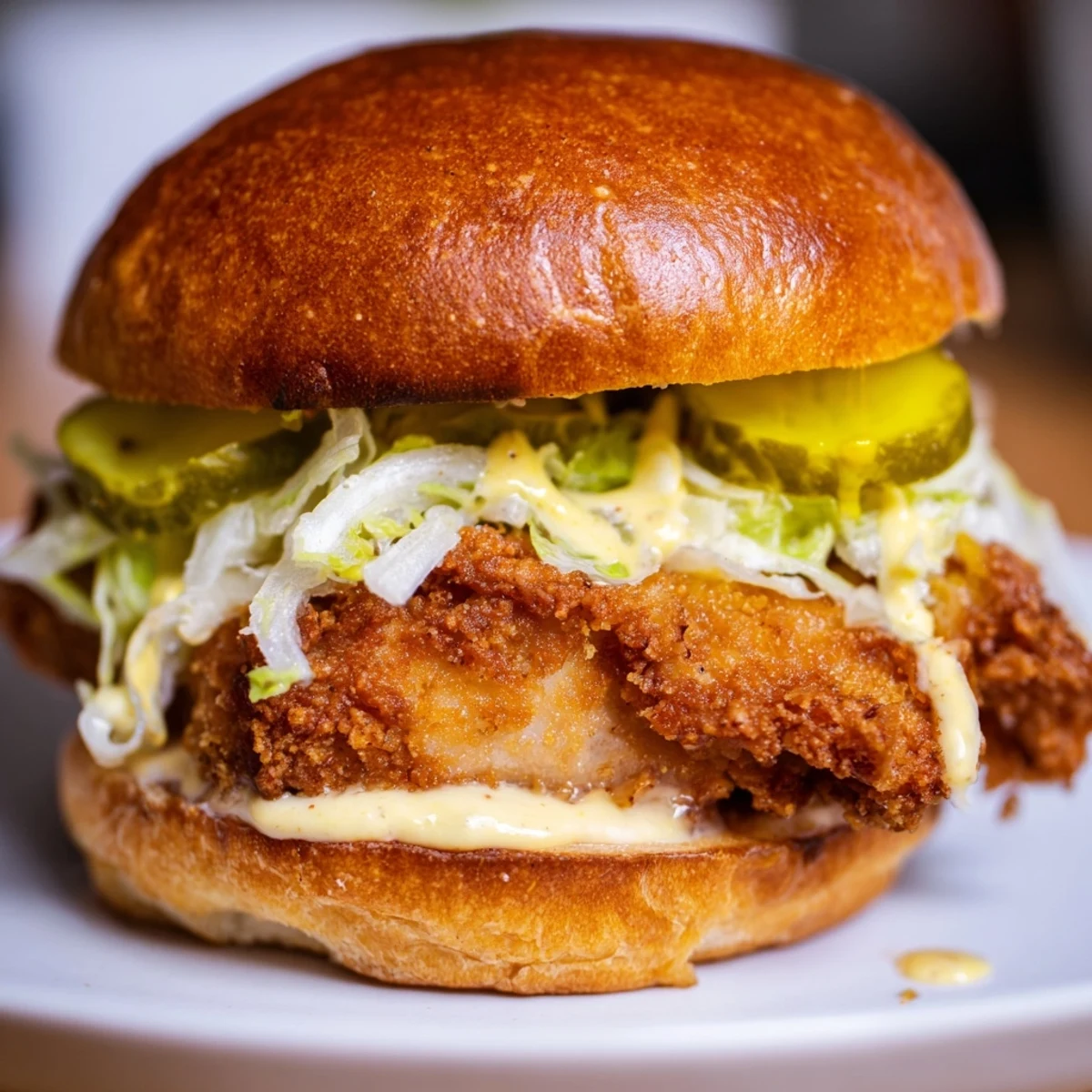Homemade crispy chicken burger featuring crunchy coating melted cheese and crisp vegetables