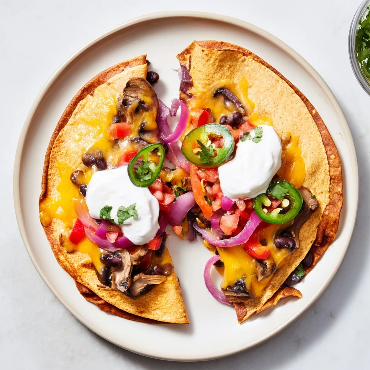 Homemade quesadillas with colorful bell peppers, mushrooms, and gooey melted cheese on a wooden board
