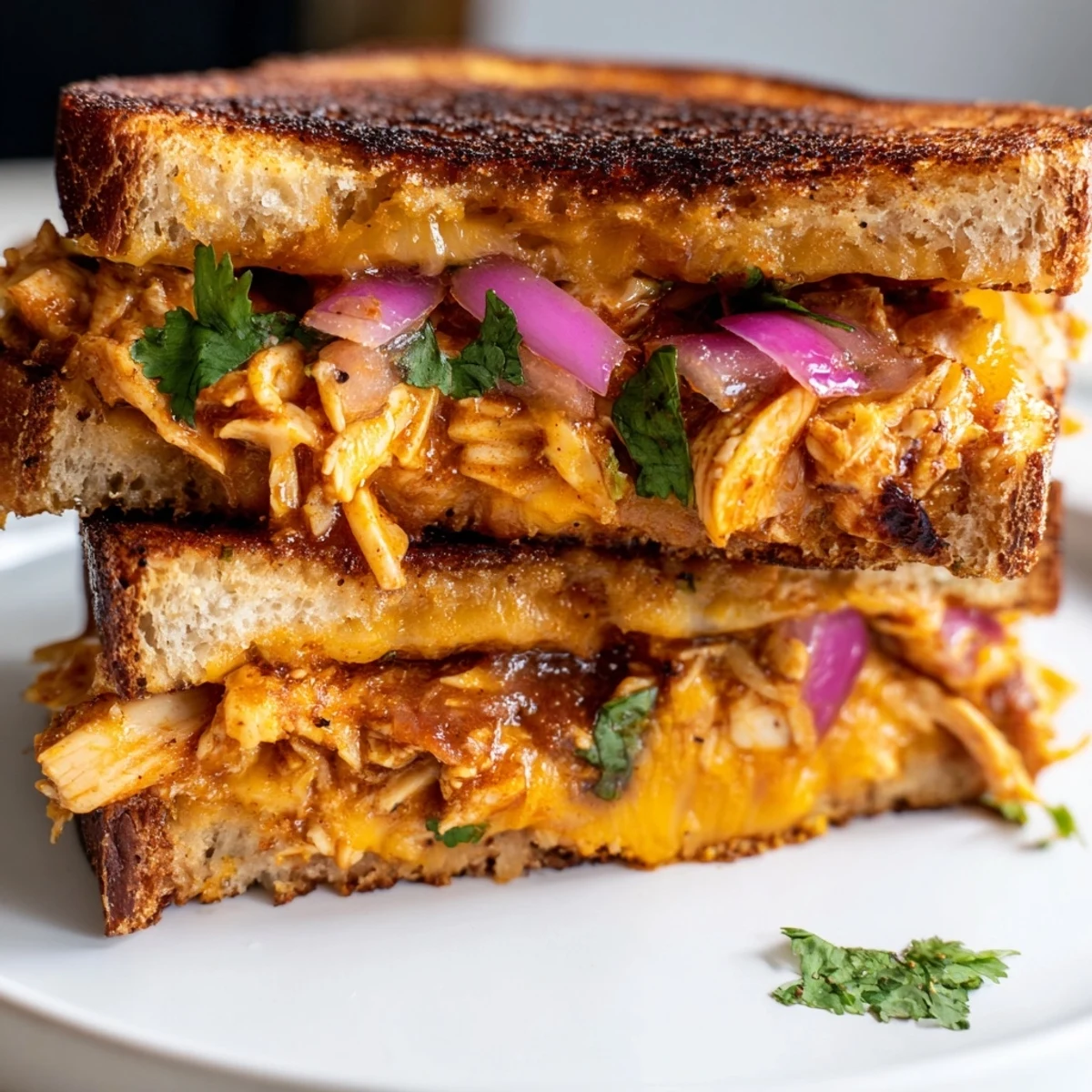 Savory BBQ chicken grilled cheese featuring crispy toasted bread oozing with melted cheese and tender shredded chicken
