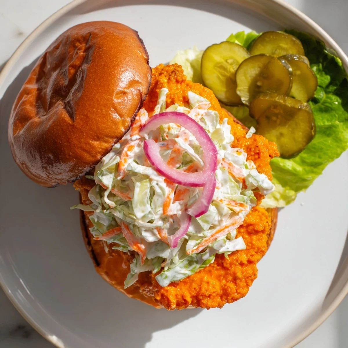 Golden crispy buffalo chicken sandwich topped with cool ranch slaw on toasted brioche bun