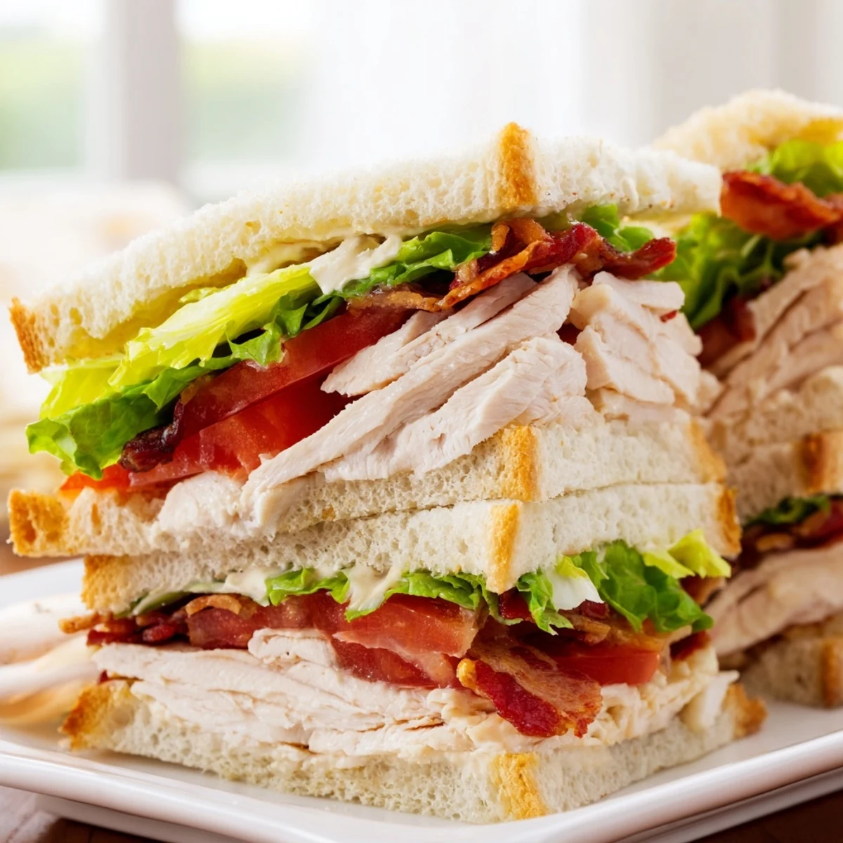 Homemade chicken club sandwiches stacked with crispy bacon, fresh lettuce, and juicy tomato slices on golden toasted bread