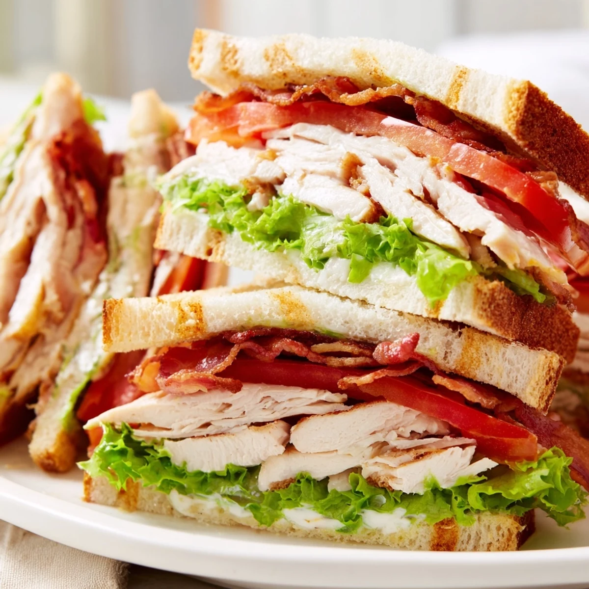 Triple-decker chicken club sandwiches featuring layered seasoned chicken breast, crispy bacon, and ripe tomatoes between toasted slices
