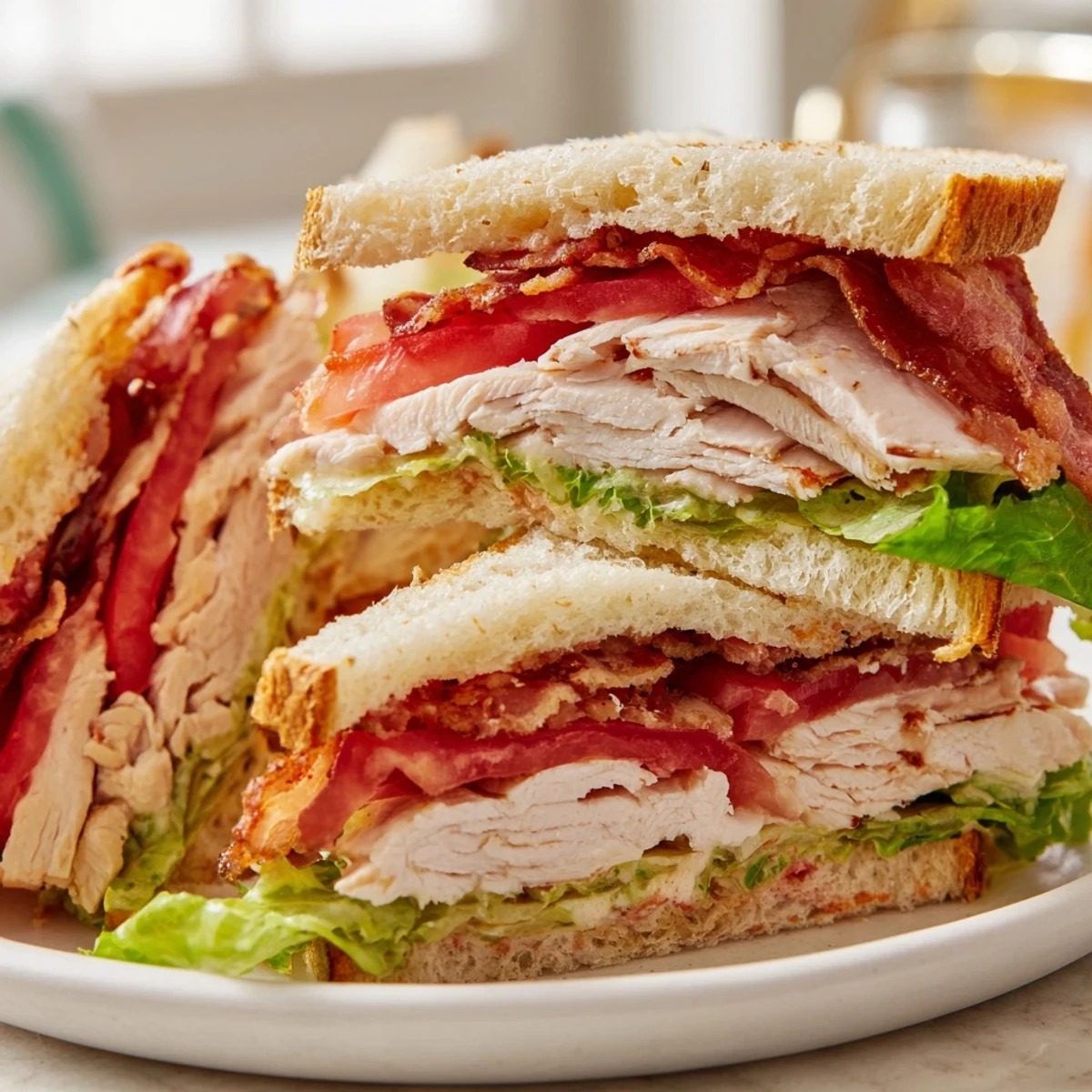 Classic chicken club sandwiches cut diagonally, revealing tender chicken, crisp lettuce, tomato, and bacon layers on buttered toast