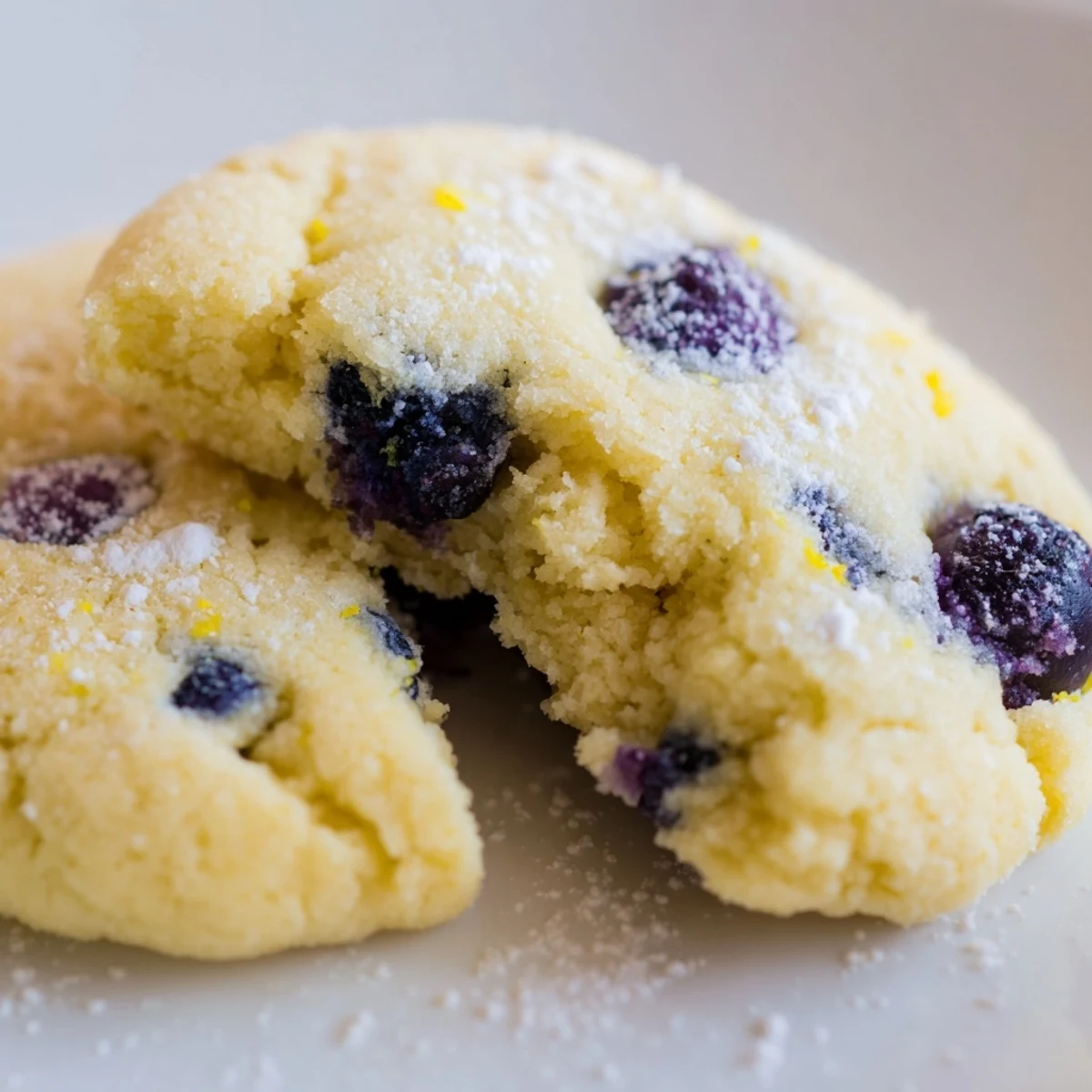 Golden soft lemon blueberry cookies topped with powdered sugar on a white wire cooling rack
