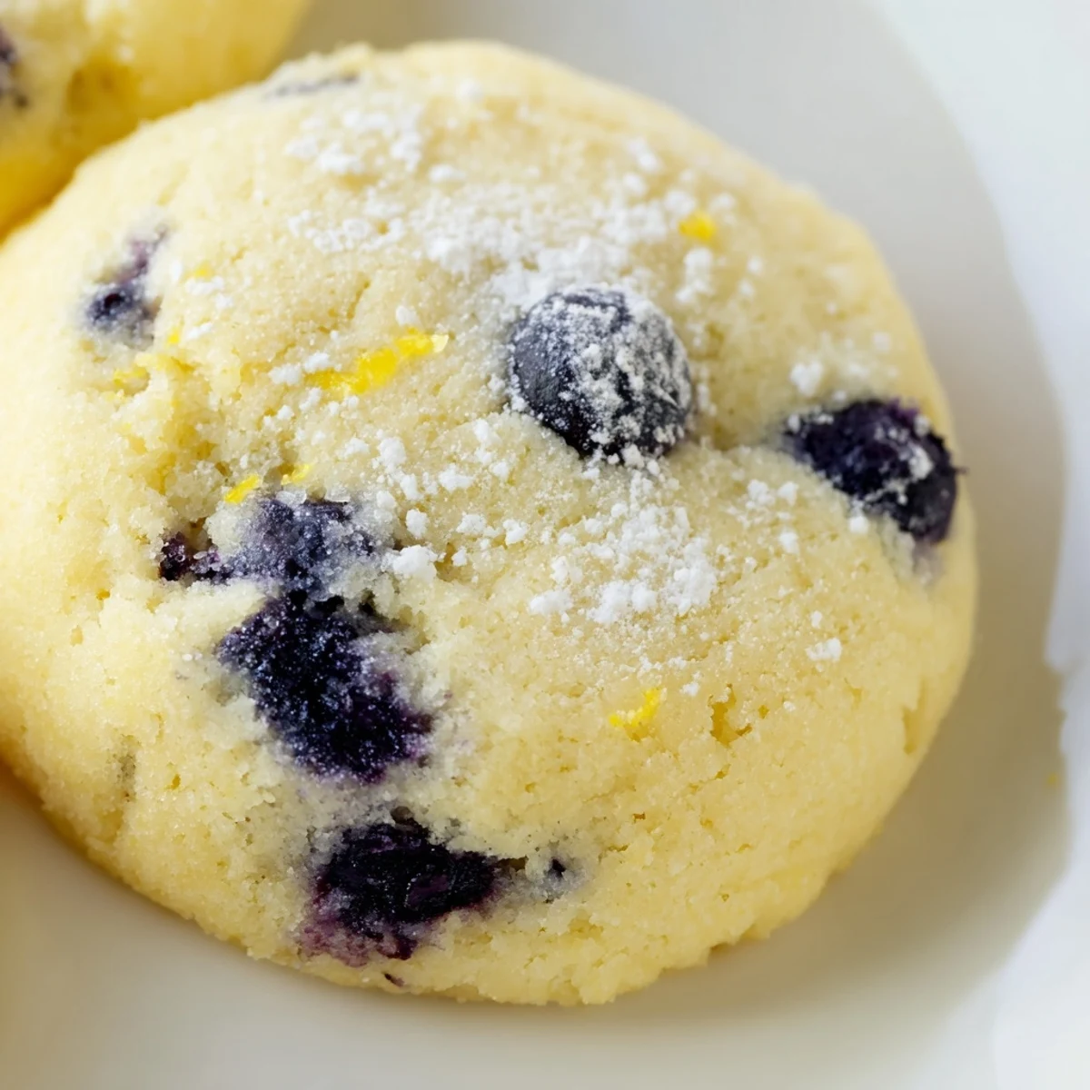 Close-up of moist lemon blueberry cookies showing blueberry specks and dusted with confectioners sugar