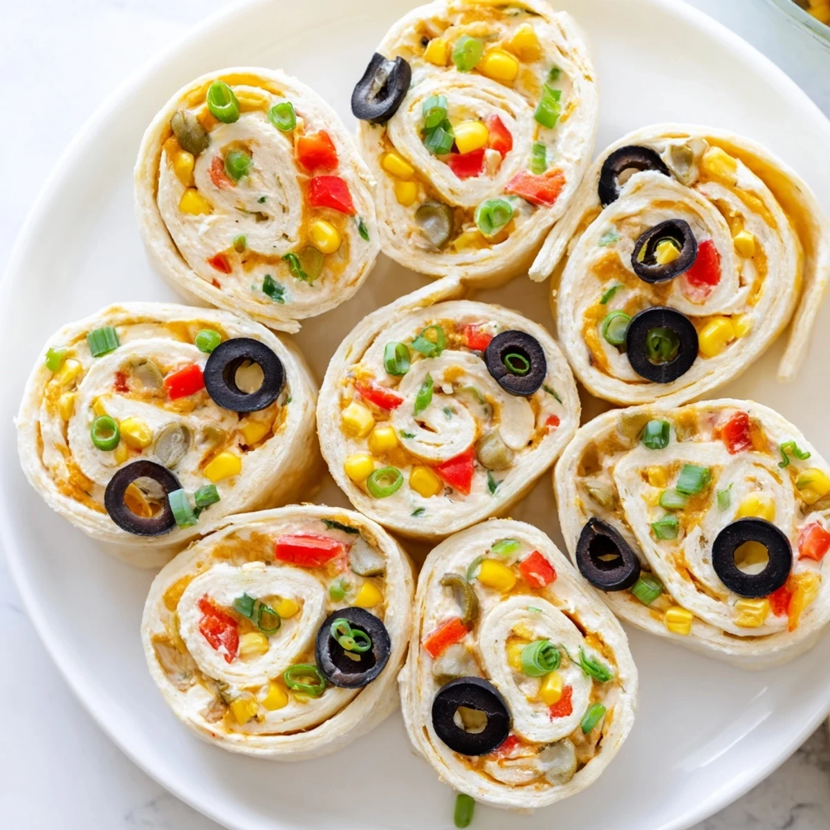 Party platter of taco cream cheese pinwheels sliced into rounds showcasing cheddar cheese and vegetables inside