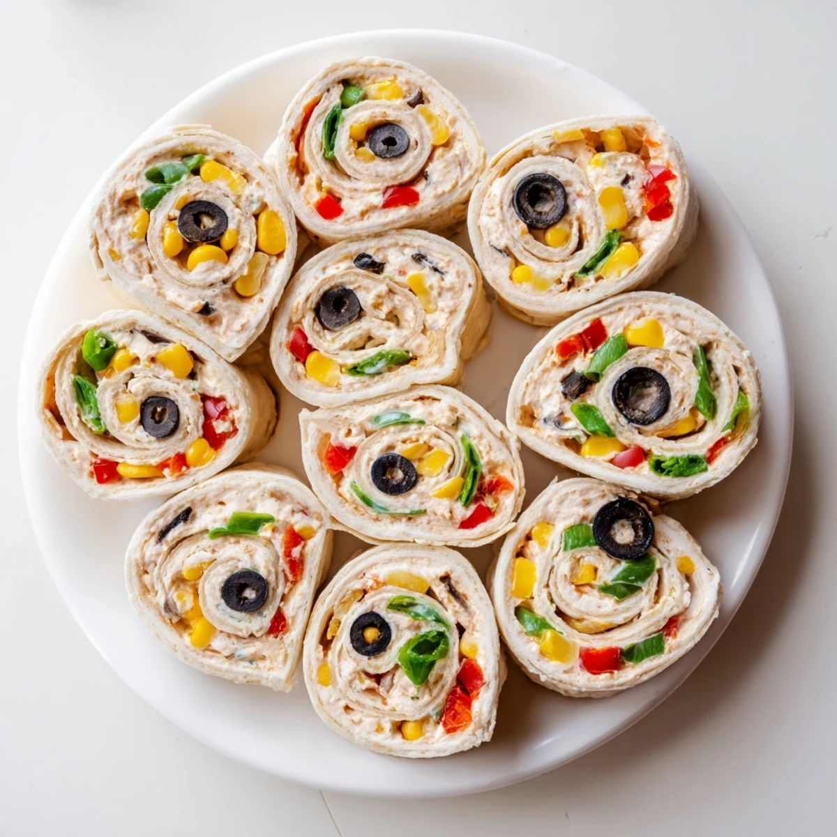 Colorful spiral pinwheels featuring taco cream cheese filling with diced red peppers and green onions rolled in flour tortillas