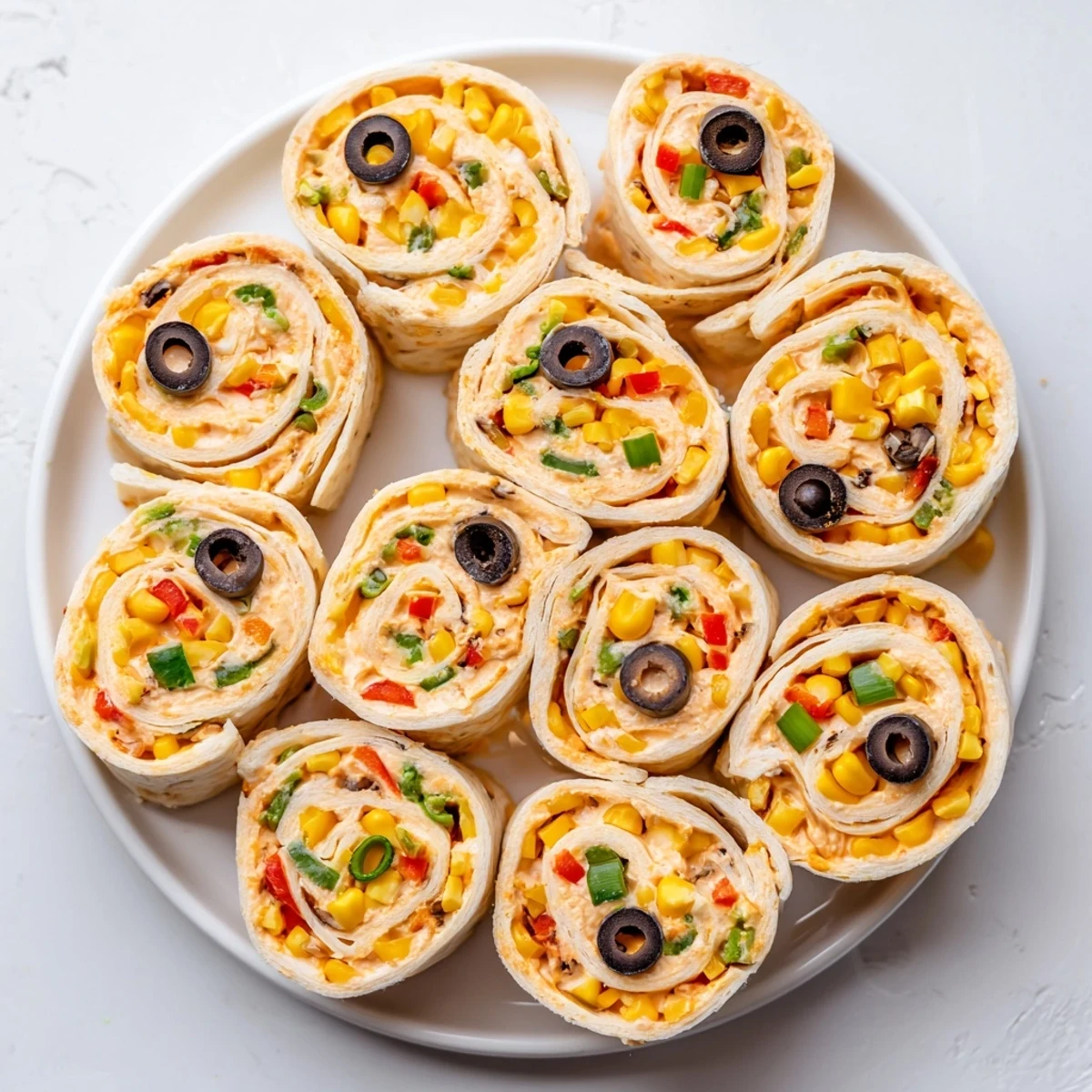 Taco cream cheese pinwheels arranged on serving board with colorful vegetable bits visible through creamy center