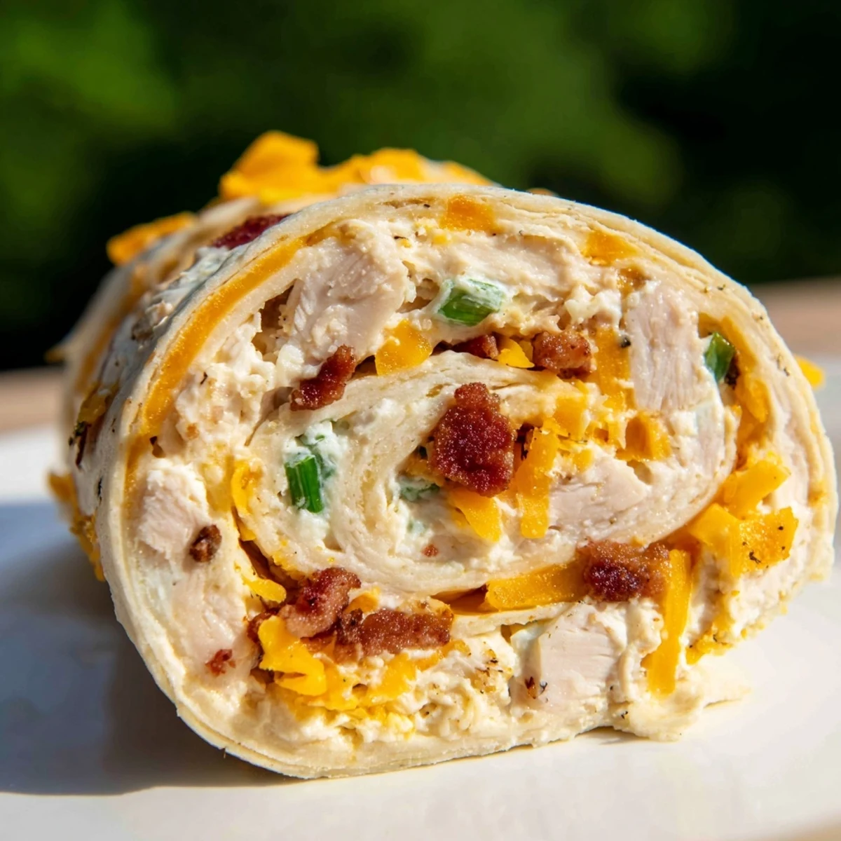 Sliced appetizer pinwheels revealing cheddar bacon filling served on wooden board for party guests