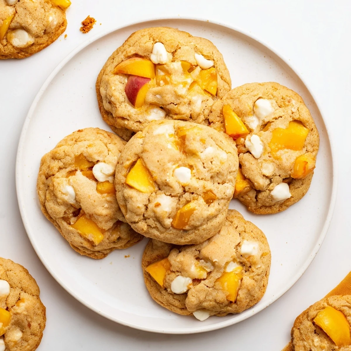 Golden Peaches and Cream Cookies studded with fresh peach chunks and melted white chocolate chips