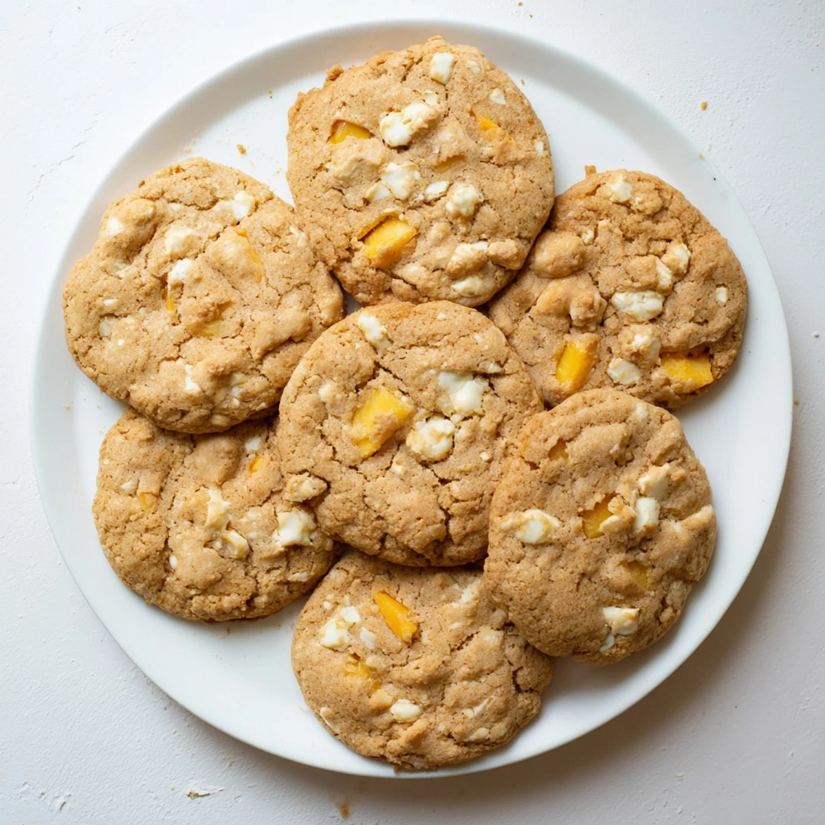 Soft homemade Peaches and Cream Cookies cooling on wire rack with juicy peach pieces visible