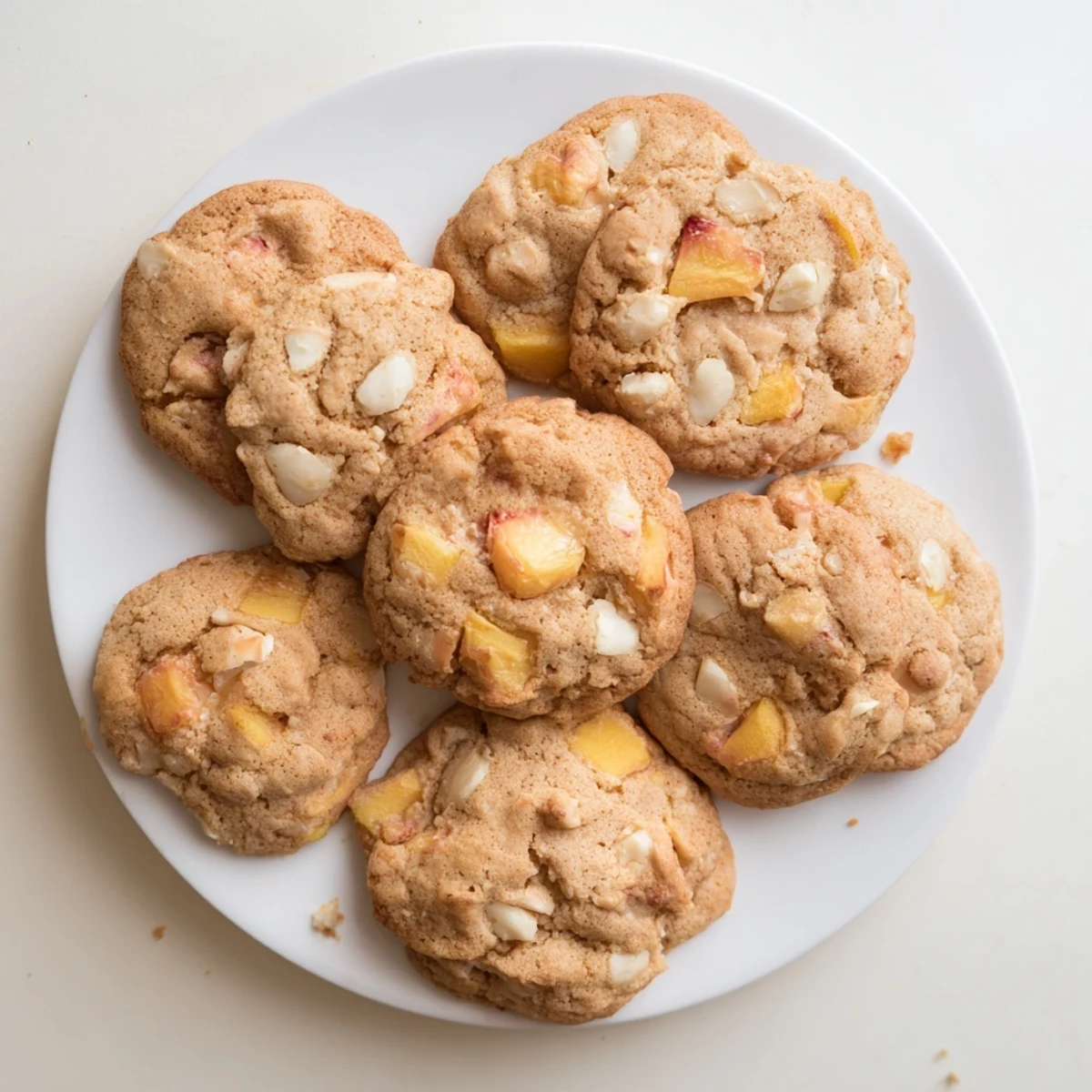 Batch of chewy Peaches and Cream Cookies loaded with diced peaches and creamy white chocolate