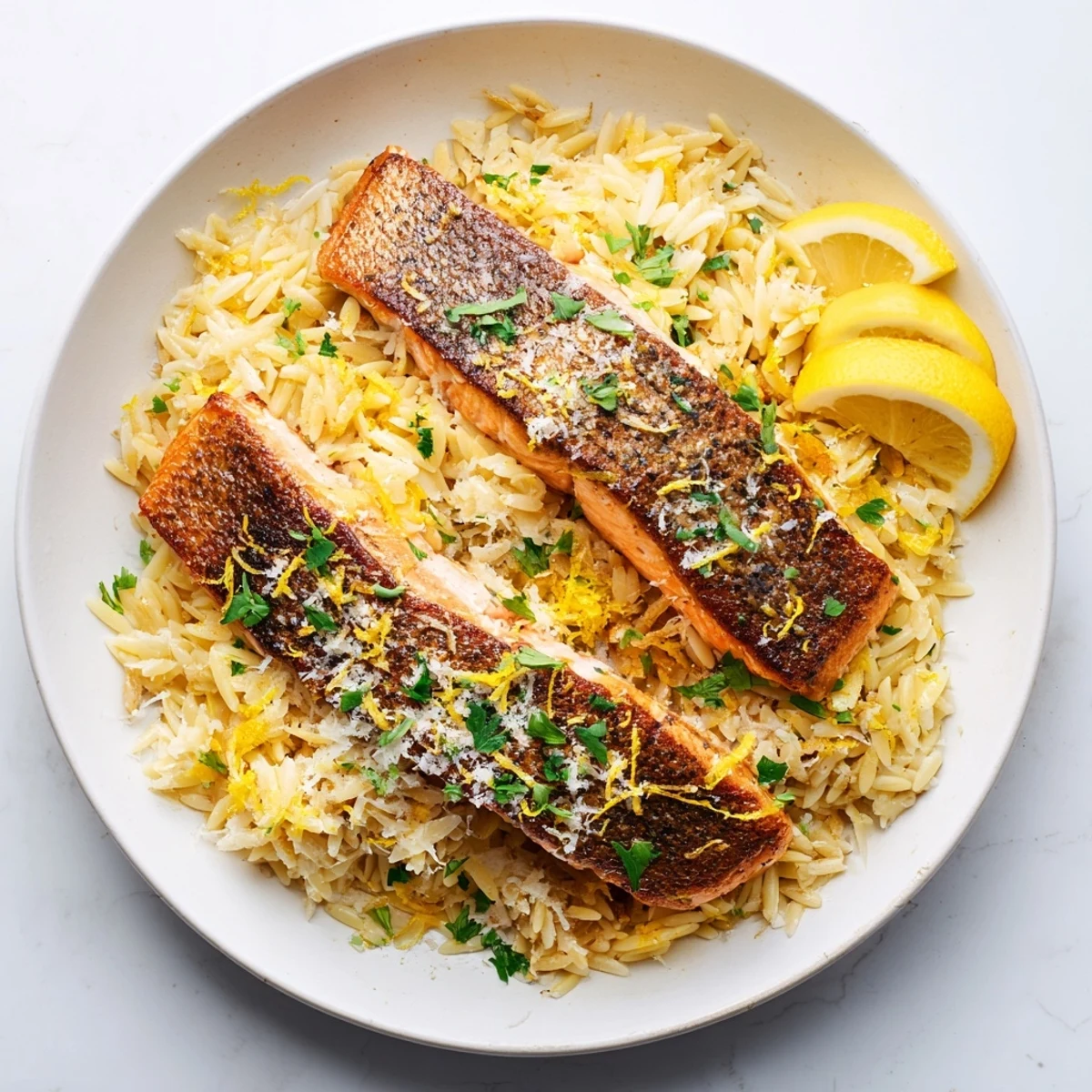 Golden pan-seared salmon rests atop creamy lemon orzo scattered with fresh parsley in a deep skillet