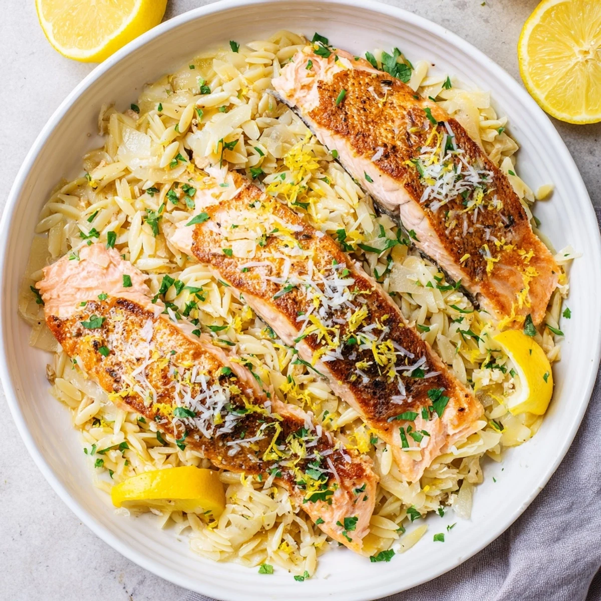 Mediterranean style salmon fillets nestled on bright lemon orzo finished with butter and parsley in one pan