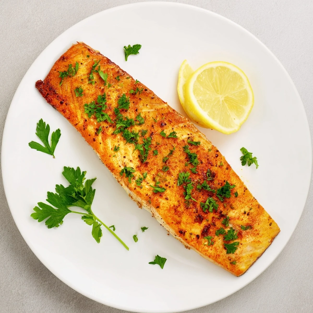 Golden baked salmon fillets glazed with buttery lemon-pepper sauce on a white plate