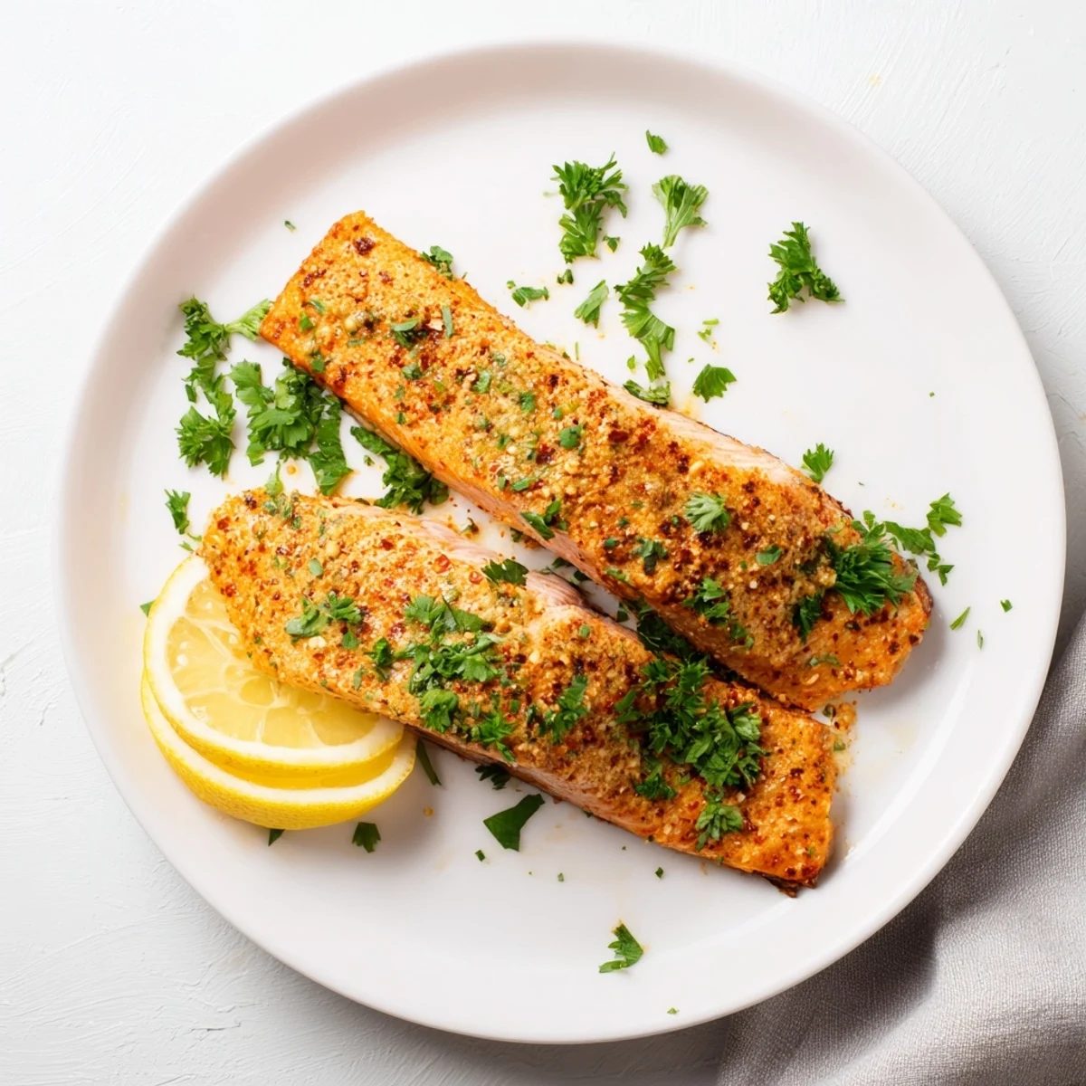 Tender oven-baked salmon brushed with smoked paprika butter sauce and parsley garnish