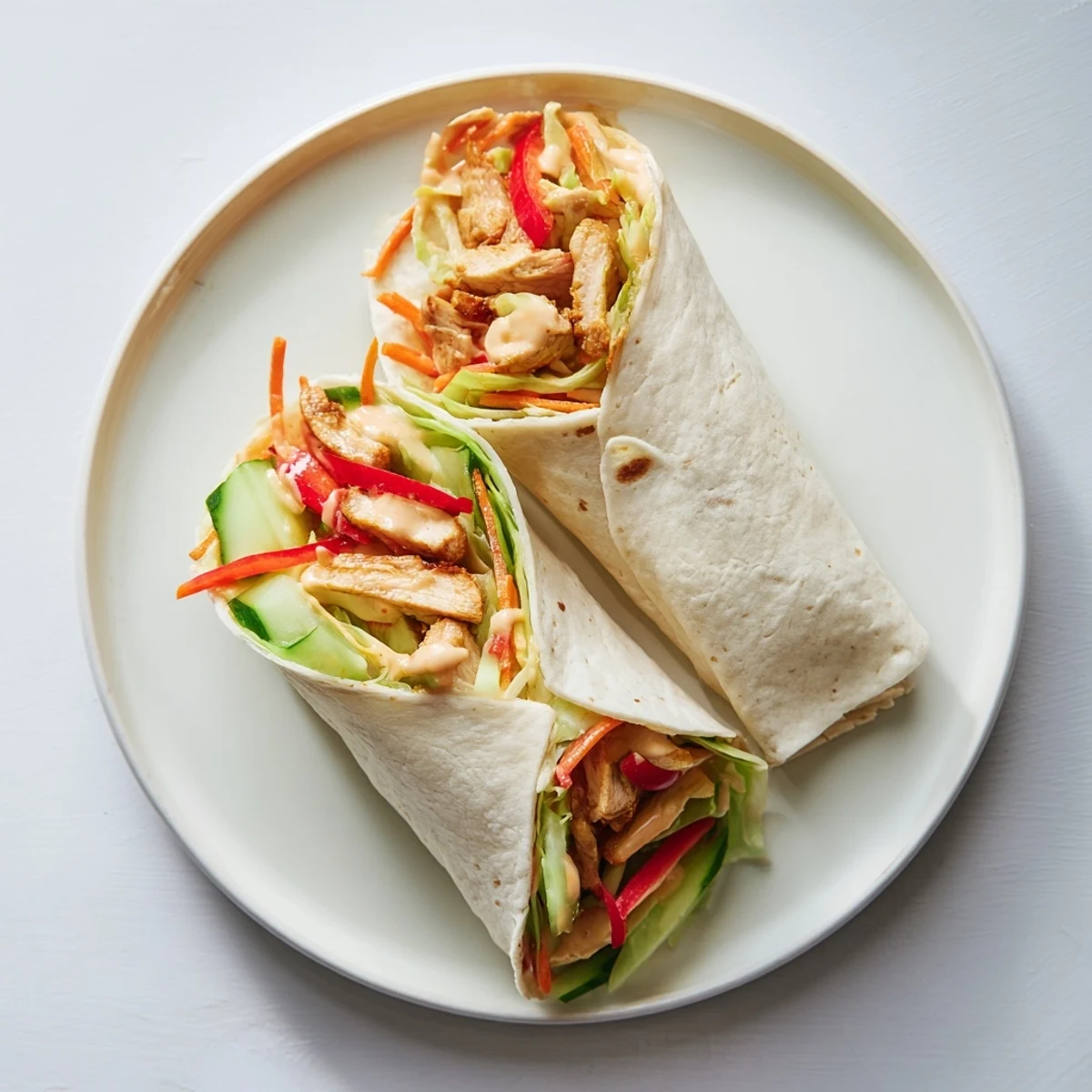 Golden chicken strips wrapped in soft flour tortillas with crisp vegetables and tangy sweet chili sauce drizzle