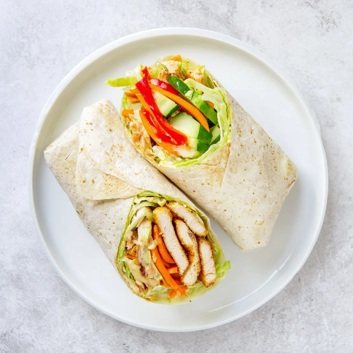 Homemade sweet chili chicken wraps featuring juicy seasoned chicken, colorful bell peppers, carrots, and lettuce in tortillas