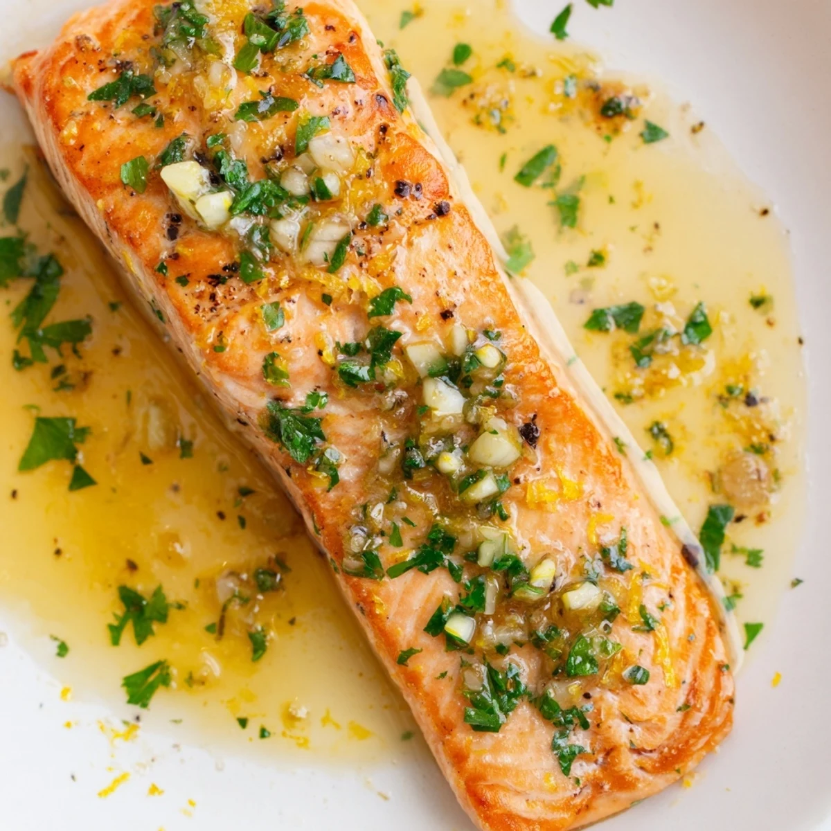 Golden pan seared salmon fillets with crispy skin topped with melted garlic butter sauce and fresh parsley garnish