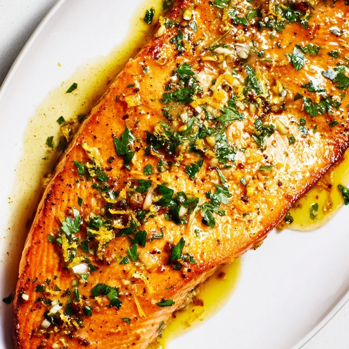 Perfectly cooked pan seared salmon resting on a white plate drizzled with rich golden garlic butter and lemon wedges