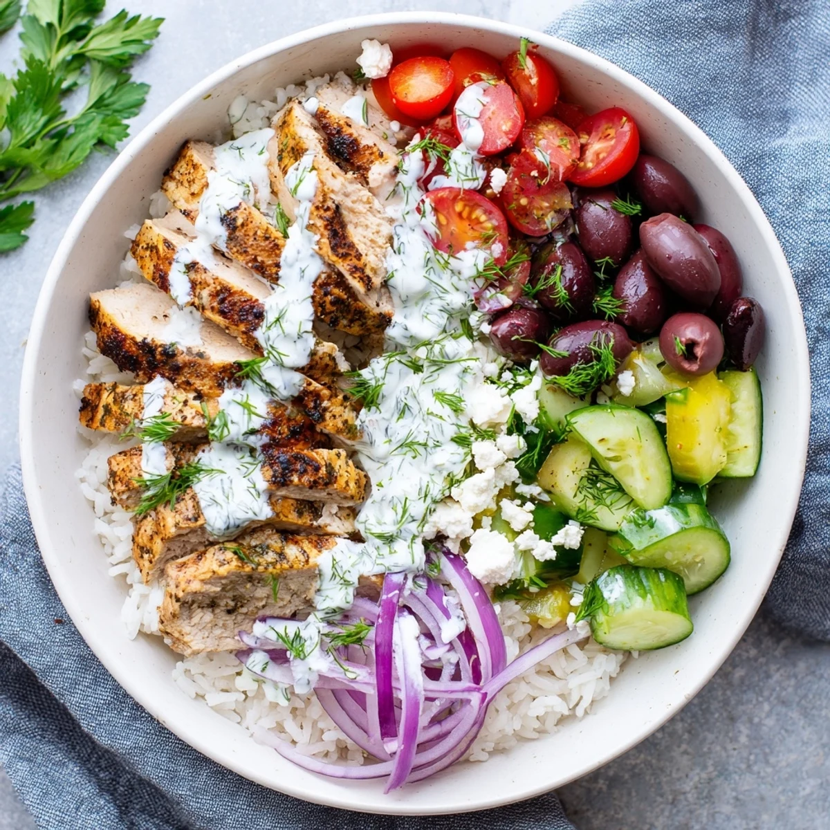 Golden sliced Greek chicken bowls featuring fluffy rice, colorful vegetables, and creamy yogurt sauce